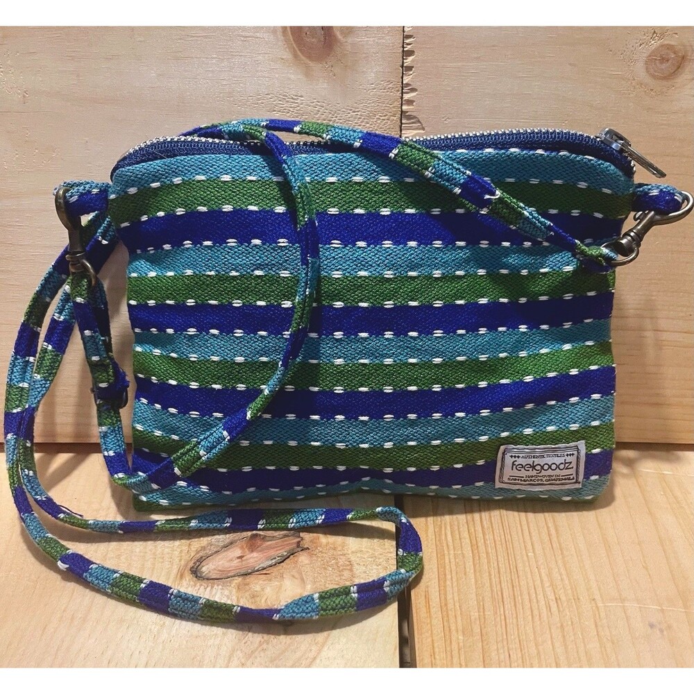 Feelgoodz Blue & Green Crossbody Bag 6 X 8 Striped Handwoven Artisan Textiles